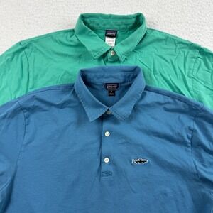 Patagonia Polo Shirt Mens M Blue Green Trout Fitz Roy Organic Cotton Lot Of 2